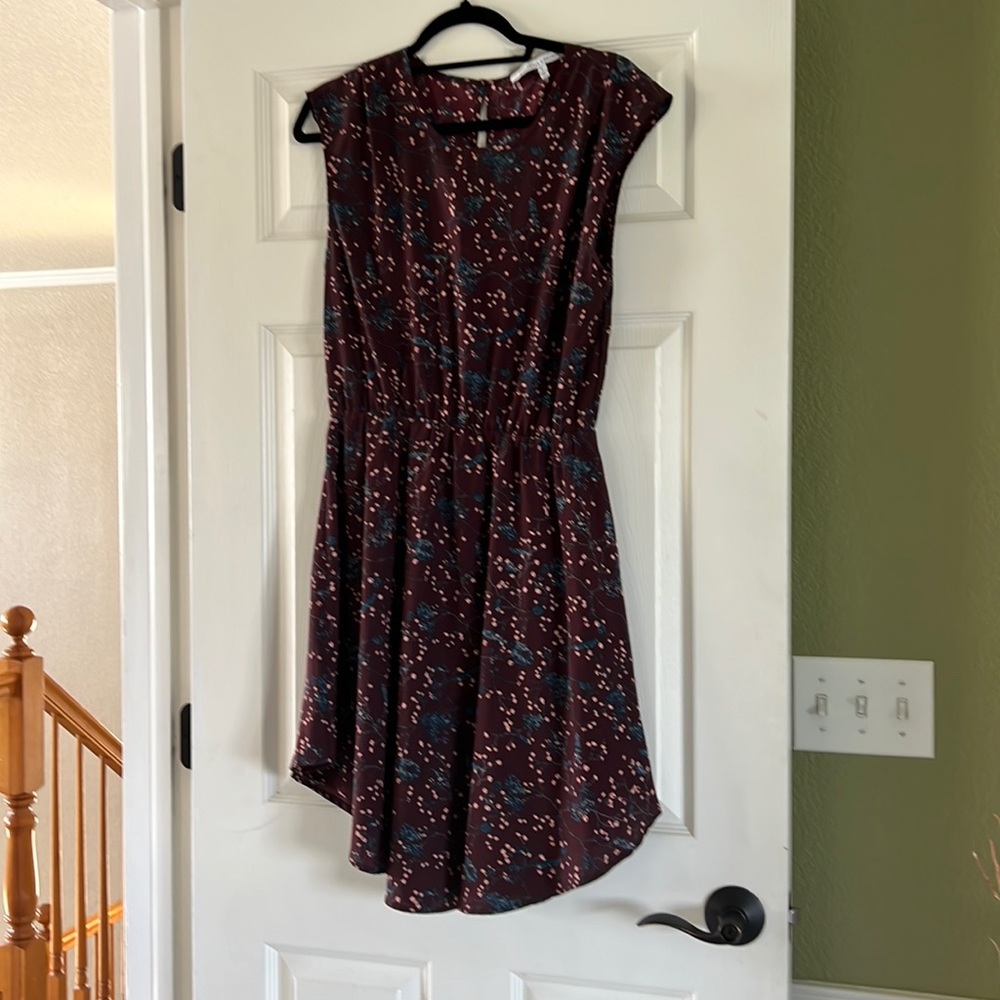 Collective Concepts Burgundy Dress with Teal and Cream Speckle Print